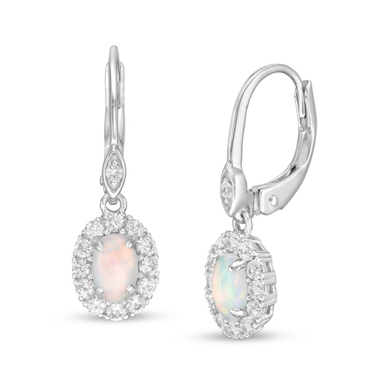 Main Image 1 of Oval Lab-Created Opal and White Sapphire Frame Drop Earrings in Sterling Silver