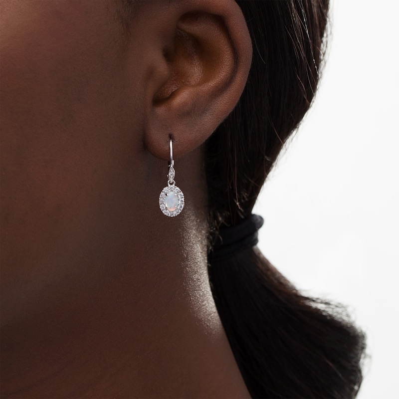 Main Image 2 of Oval Lab-Created Opal and White Sapphire Frame Drop Earrings in Sterling Silver