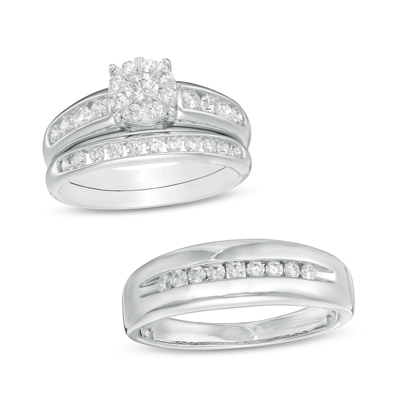 Main Image 1 of 1-1/6 CT. T.W. Diamond Frame Wedding Ensemble in 10K White Gold - Size 7 and 10.5