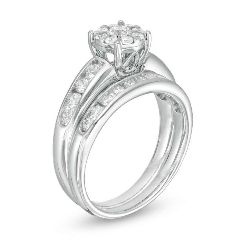 Main Image 4 of 1-1/6 CT. T.W. Diamond Frame Wedding Ensemble in 10K White Gold - Size 7 and 10.5