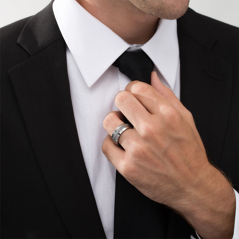 Main Image 2 of 9.0mm Multi-Finish Double Groove Beveled Edge Wedding Band in Tungsten - Size 10