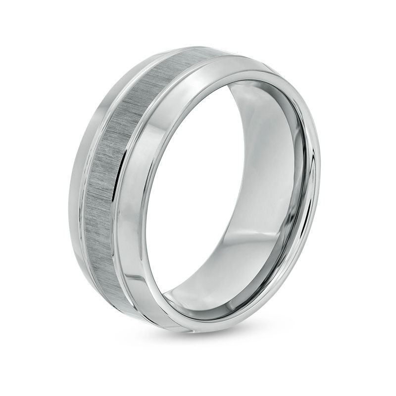Main Image 3 of 9.0mm Multi-Finish Double Groove Beveled Edge Wedding Band in Tungsten - Size 10