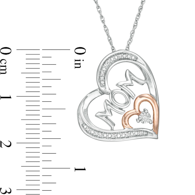 Diamond Accent "MOM" Tilted Double Heart Outline Pendant in Sterling Silver and 10K Rose Gold