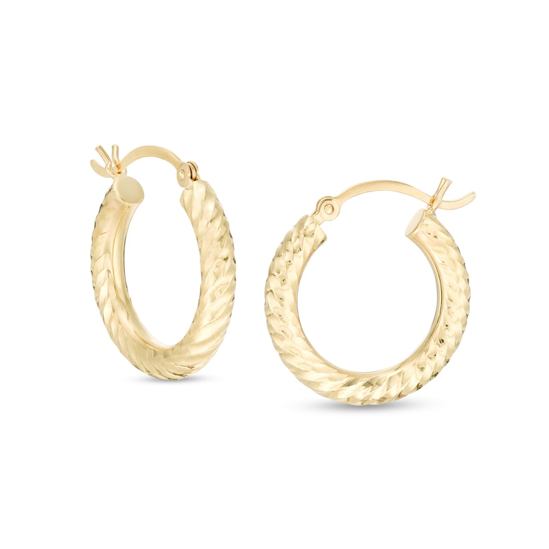 3.0 x 16.0mm Diamond-Cut Ribbed Hoop Earrings in 14K Gold