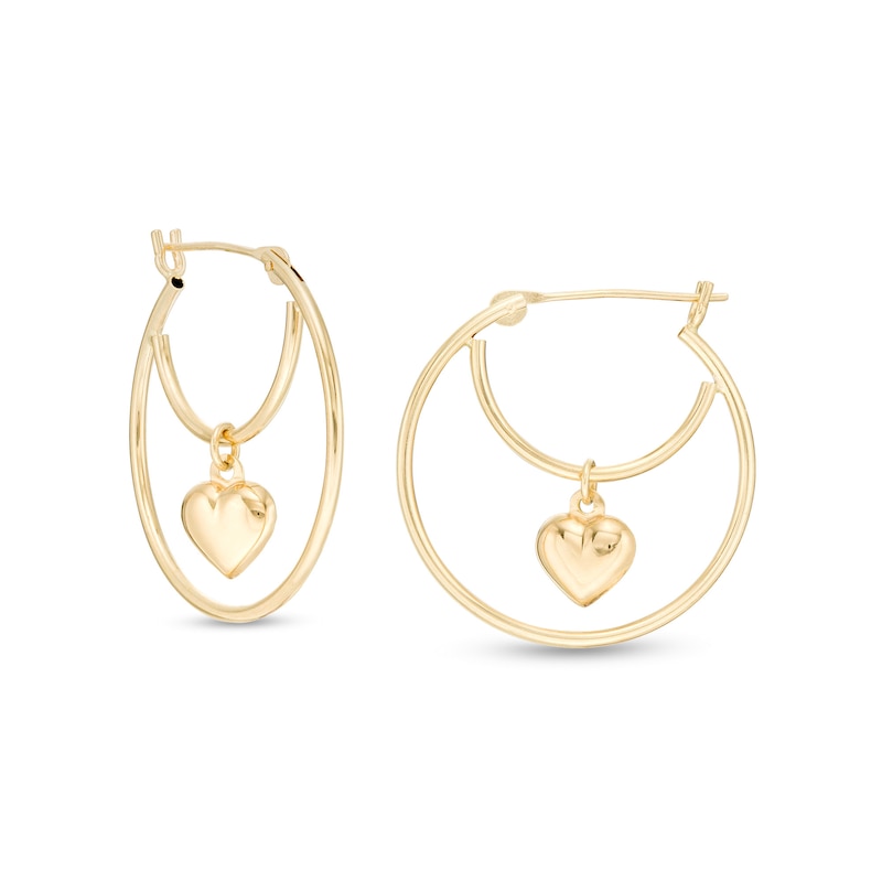 Heart Dangle Double Row Hoop Earrings in 14K Gold