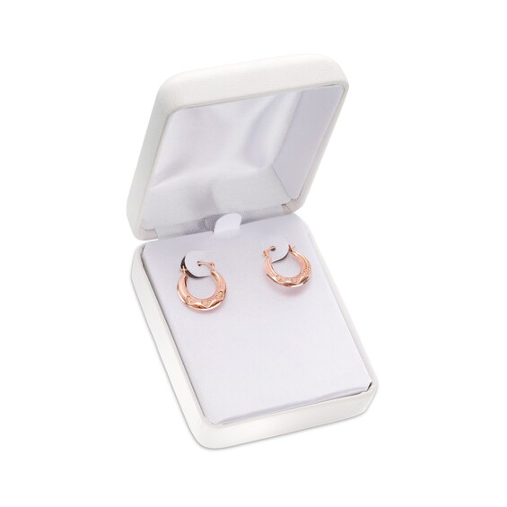14.5 x 16.5mm Heart Trio Pattern Hoop Earrings in 14K Rose Gold 14.5 x 16.5mm Heart Trio Pattern Hoop Earrings in 14K Rose Gold