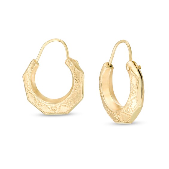 11.7 x 14.0mm Etched Geometric Hoop Earrings in 14K Gold 11.7 x 14.0mm Etched Geometric Hoop Earrings in 14K Gold