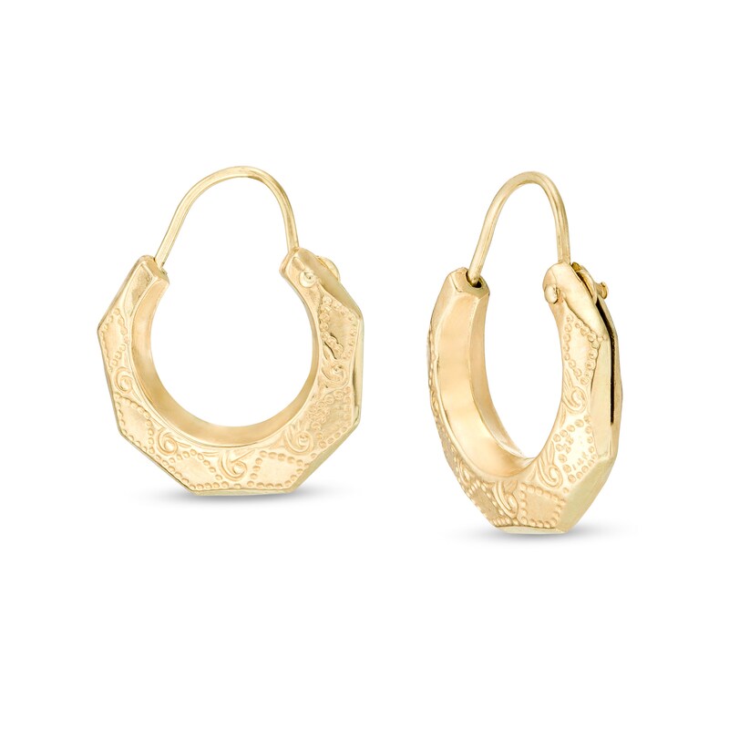 11.7 x 14.0mm Etched Geometric Hoop Earrings in 14K Gold