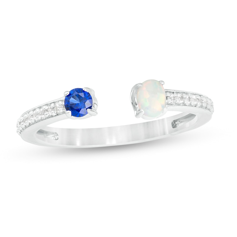 Oval Lab-Created Opal, Blue and White Sapphire Wrap Ring in Sterling Silver