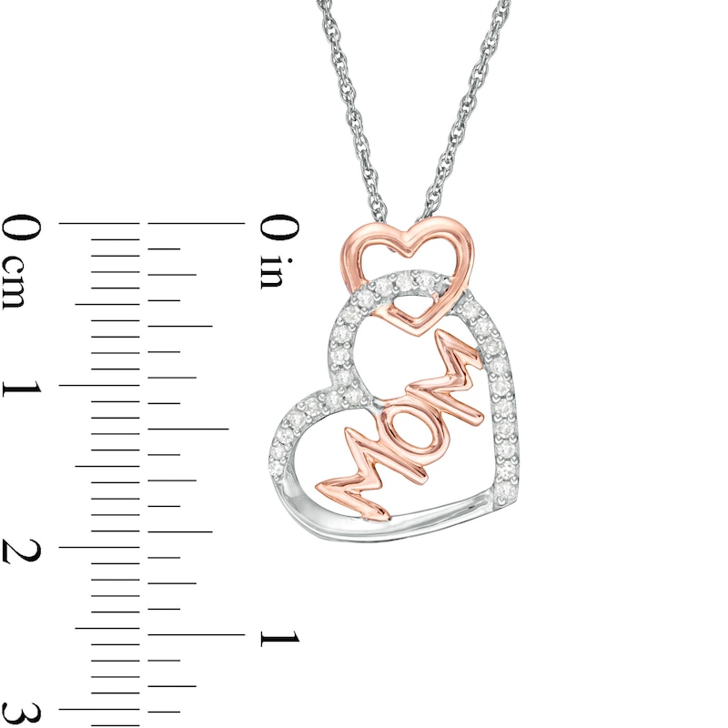 Main Image 2 of 1/6 CT. T.W. Diamond "MOM" Tilted Double Heart Outline Pendant in Sterling Silver and 10K Rose Gold