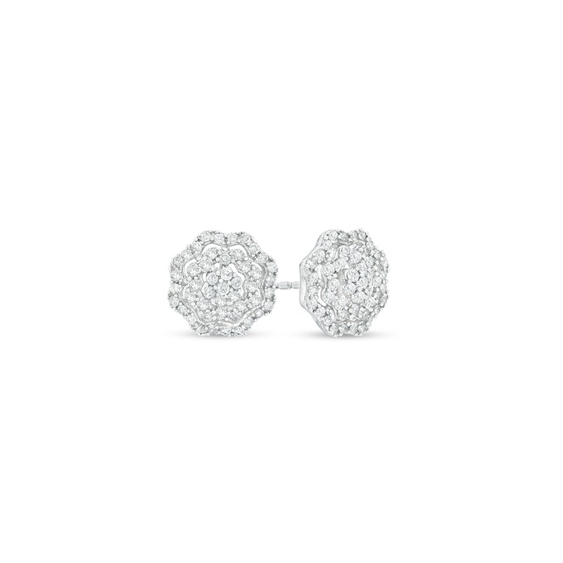 Main Image 1 of 1/2 CT. T.W. Hexagonal Multi-Diamond Flower Frame Stud Earrings in 10K White Gold