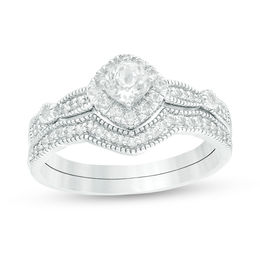4.0mm Cushion-Cut Lab-Created White Sapphire Frame Vintage-Style Bridal Set in 10K White Gold