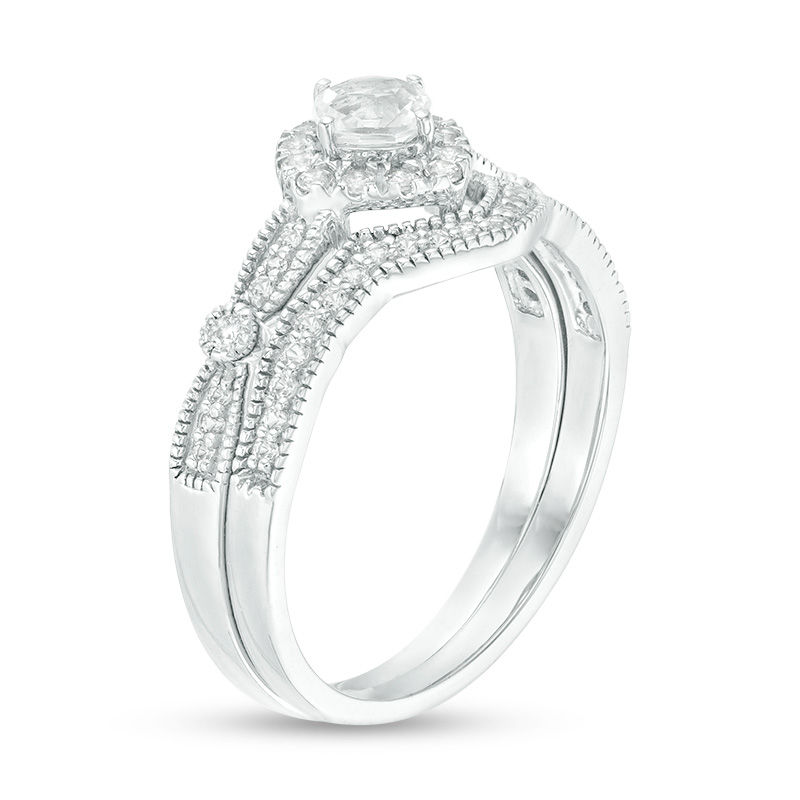 Main Image 3 of 4.0mm Cushion-Cut Lab-Created White Sapphire Frame Vintage-Style Bridal Set in 10K White Gold