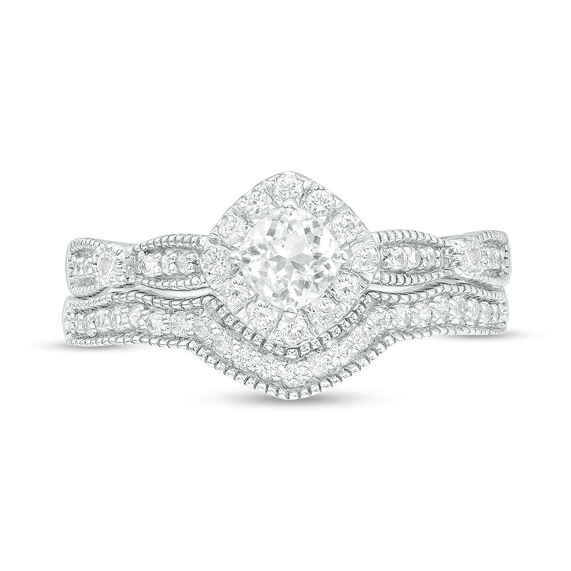 wedding rings sets,Italo Halo Cushion Created White Sapphire 3PC Wedding Set