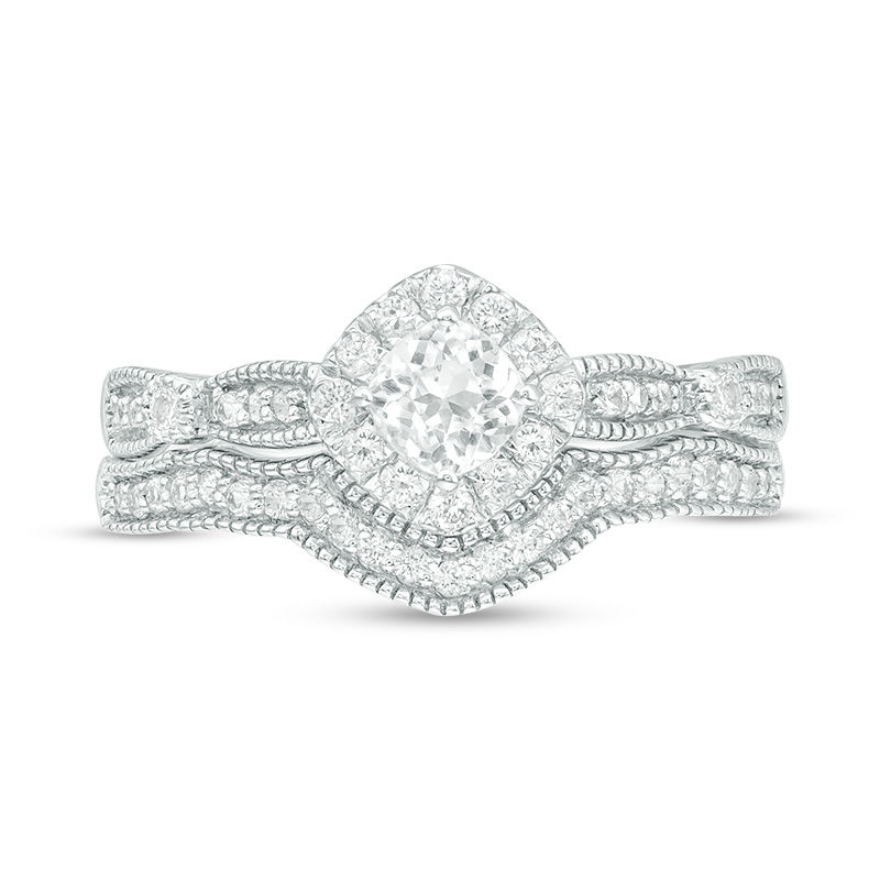 Main Image 4 of 4.0mm Cushion-Cut Lab-Created White Sapphire Frame Vintage-Style Bridal Set in 10K White Gold