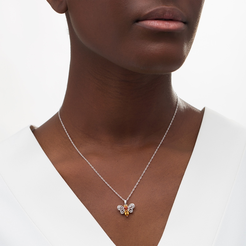 Main Image 2 of Multi-Shaped Madeira Citrine, Citrine and White Lab-Created Sapphire Honey Bee Pendant in Sterling Silver