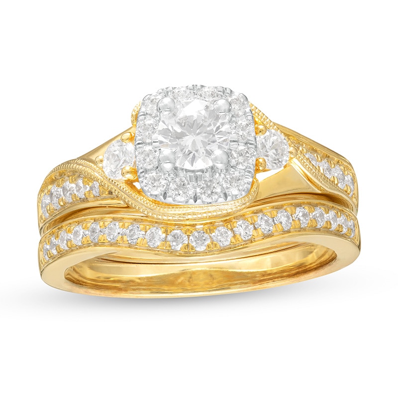 1 CT. T.W. Diamond Cushion Frame Vintage-Style Bridal Set in 10K Gold