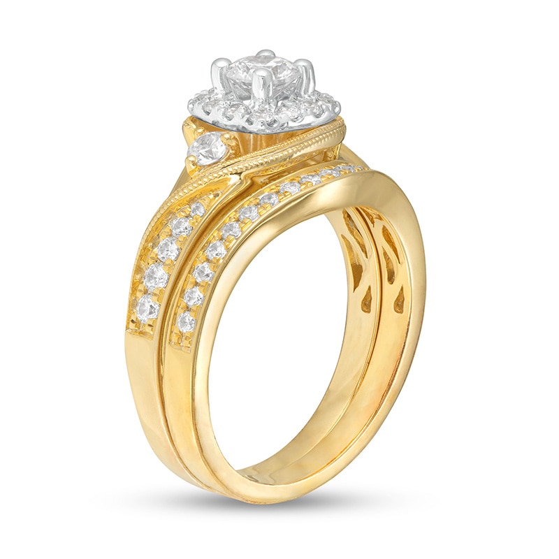 Main Image 3 of 1 CT. T.W. Diamond Cushion Frame Vintage-Style Bridal Set in 10K Gold