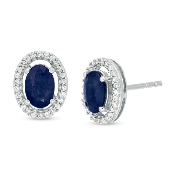 Oval Blue Sapphire and 1/8 CT. T.W. Diamond Frame Stud Earrings in 10K White Gold Oval Blue Sapphire and 1/8 CT. T.W. Diamond Frame Stud Earrings in 10K White Gold