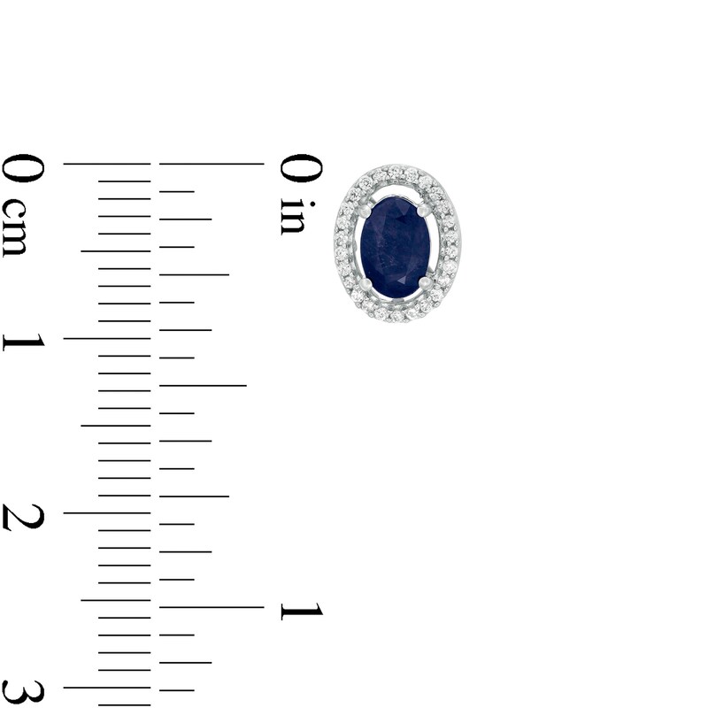 Main Image 2 of Oval Blue Sapphire and 1/8 CT. T.W. Diamond Frame Stud Earrings in 10K White Gold
