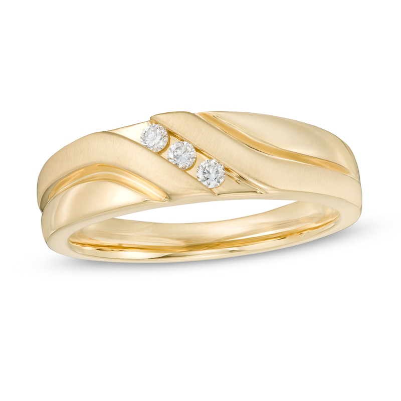 Main Image 1 of Men's 1/10 CT. T.W. Diamond Three Stone Slant Wedding Band in 10K Gold