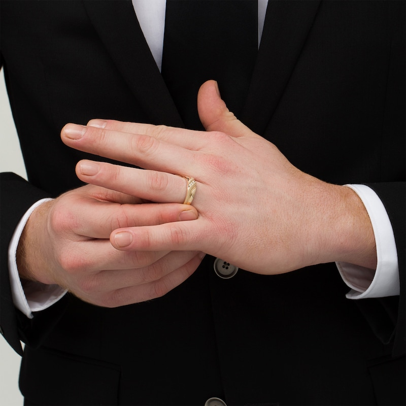 Main Image 2 of Men's 1/10 CT. T.W. Diamond Three Stone Slant Wedding Band in 10K Gold