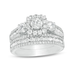 2 CT. T.W. Diamond Past Present Future® Cushion Frame Bridal Set in 14K White Gold