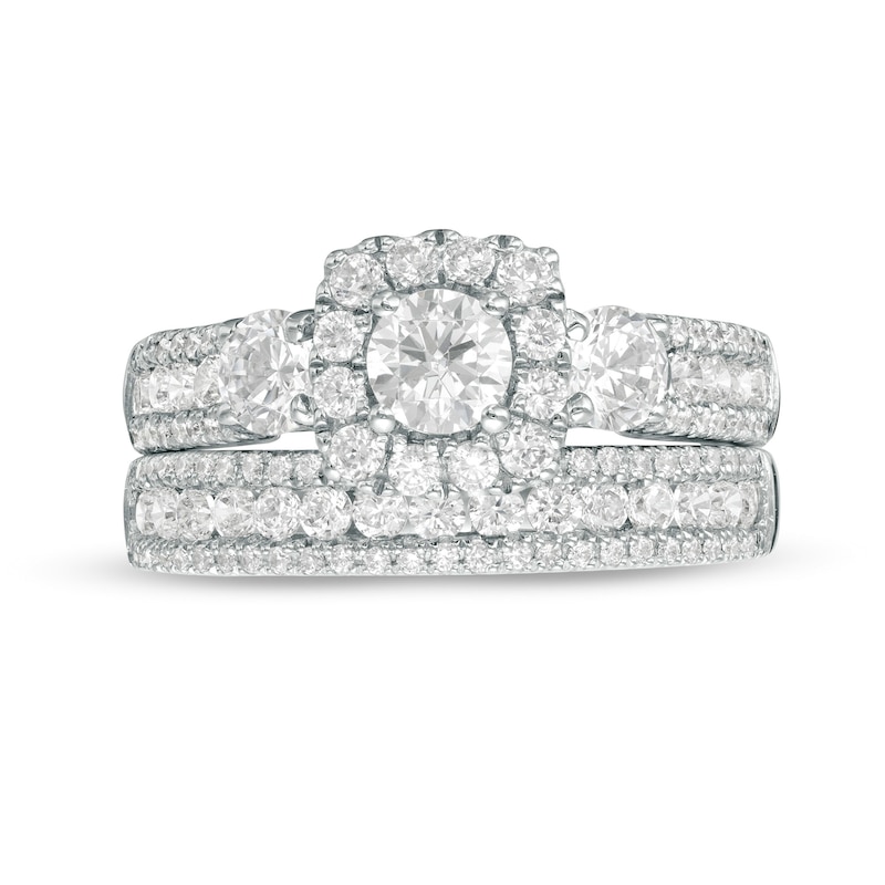 Main Image 4 of 2 CT. T.W. Diamond Past Present Future® Cushion Frame Bridal Set in 14K White Gold