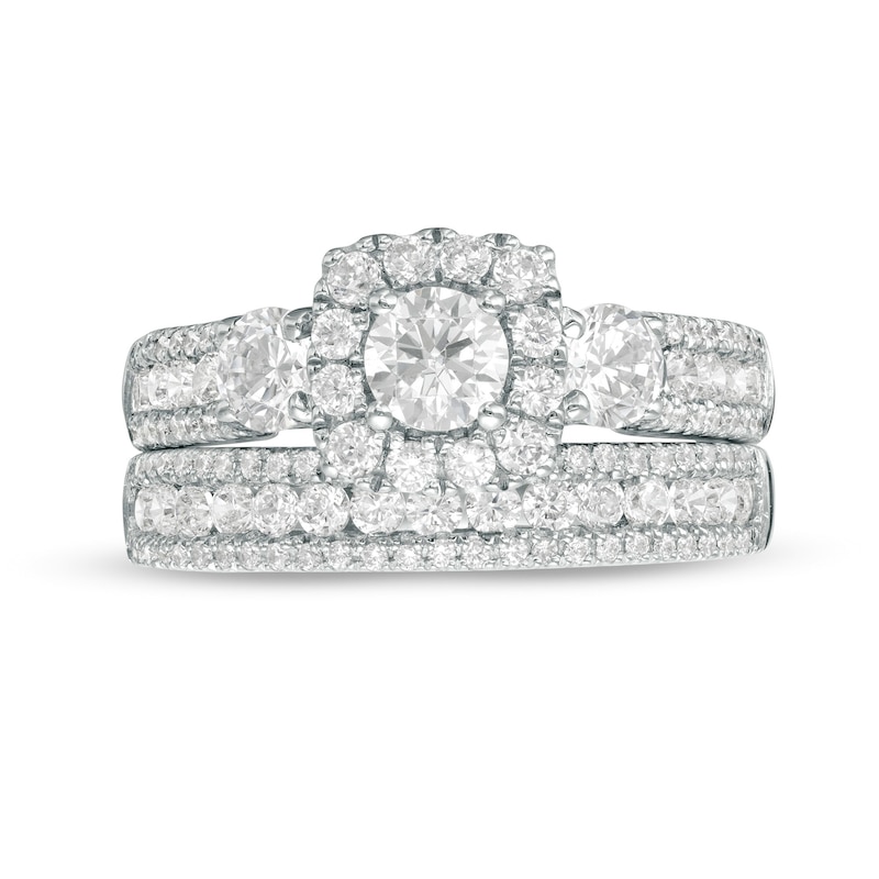 2 CT. T.W. Diamond Past Present Future® Cushion Frame Bridal Set in 14K White Gold