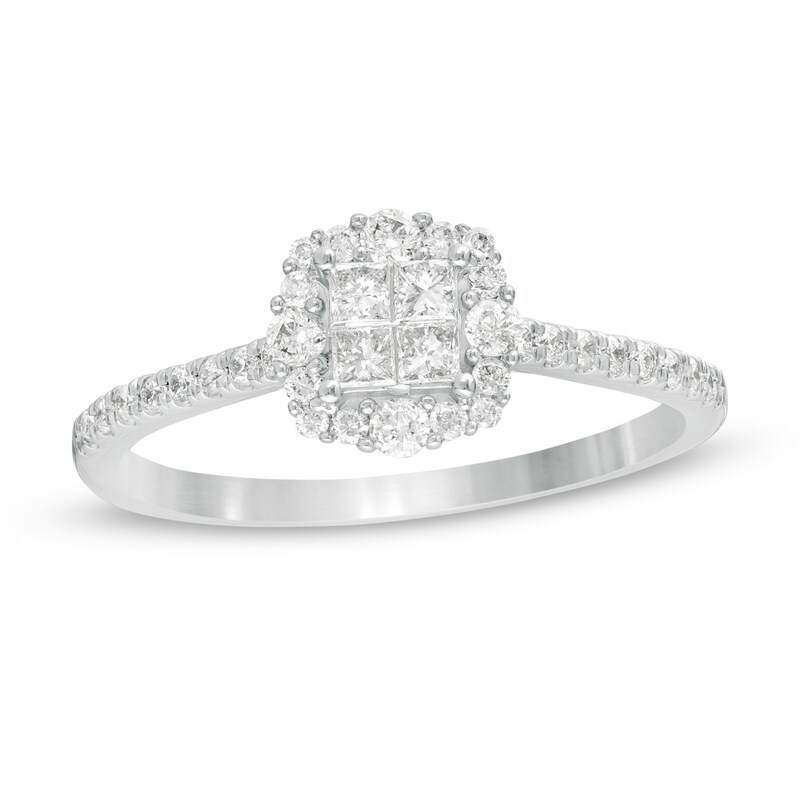 Main Image 1 of 3/8 CT. T.W. Princess-Cut Quad Diamond Frame Engagement Ring in 10K White Gold
