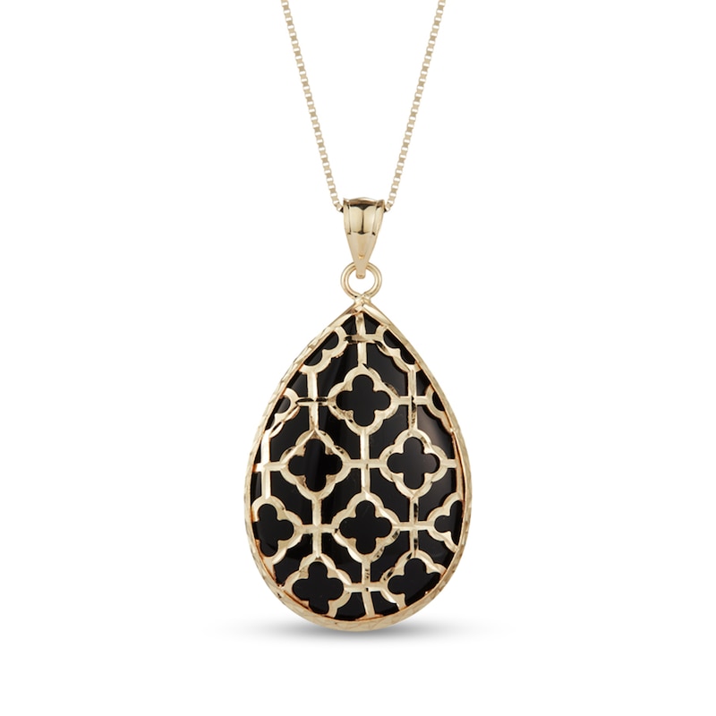 Main Image 1 of Pear-Shaped Onyx Cabochon with Diamond-Cut Clover Lattice Overlay Vintage-Style Drop Pendant in 14K Gold