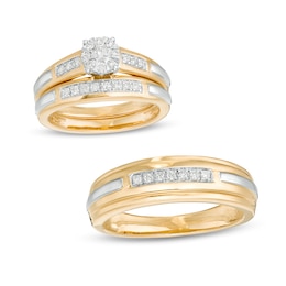 Ladies' and Men's 1/3 CT. T.W. Diamond Bridal and Wedding Band Set in 10K Two-Tone Gold - Size 7 and 10