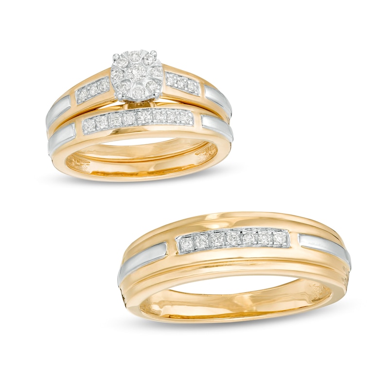 Ladies' and Men's 1/3 CT. T.W. Diamond Bridal and Wedding Band Set in 10K Two-Tone Gold - Size 7 and 10