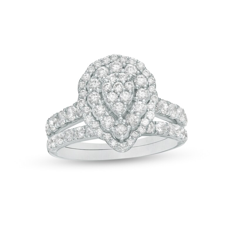 Main Image 1 of 1-1/2 CT. T.W. Composite Pear Diamond Scallop Frame Bridal Set in 10K White Gold