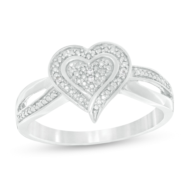 Main Image 1 of Diamond Accent Beaded Heart Split Shank Ring in Sterling Silver
