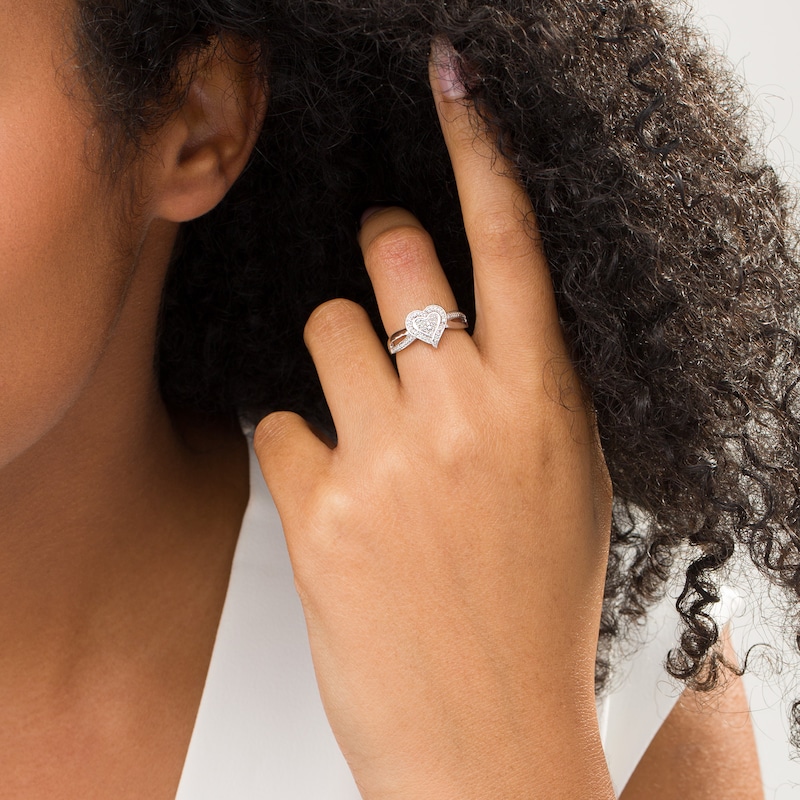 Main Image 2 of Diamond Accent Beaded Heart Split Shank Ring in Sterling Silver