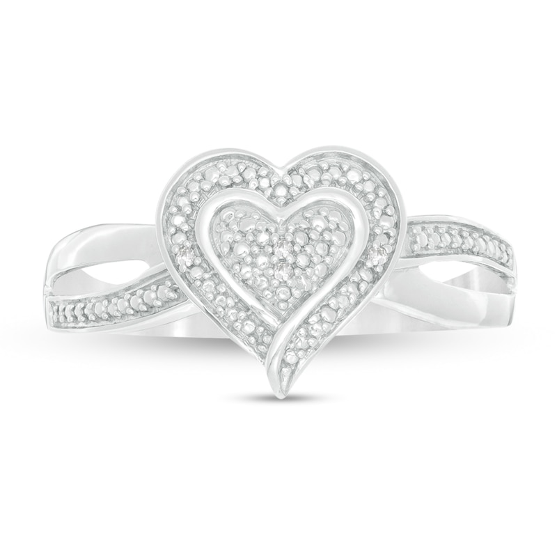 Diamond Accent Beaded Heart Split Shank Ring in Sterling Silver