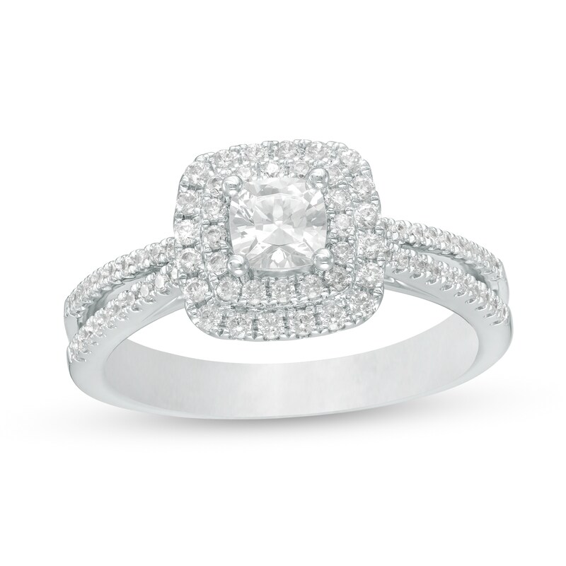 Celebration Ideal 1 CT. T.W. Princess-Cut Diamond Double Frame Split Shank Engagement Ring in 14K White Gold (I/I1)
