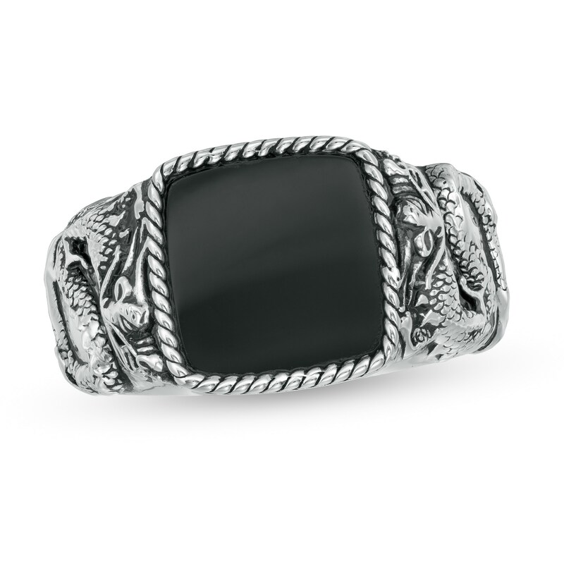 Main Image 1 of EFFY™ Collection Men's 11.0mm Square Onyx Rope Frame Dragon Ring in Sterling Silver