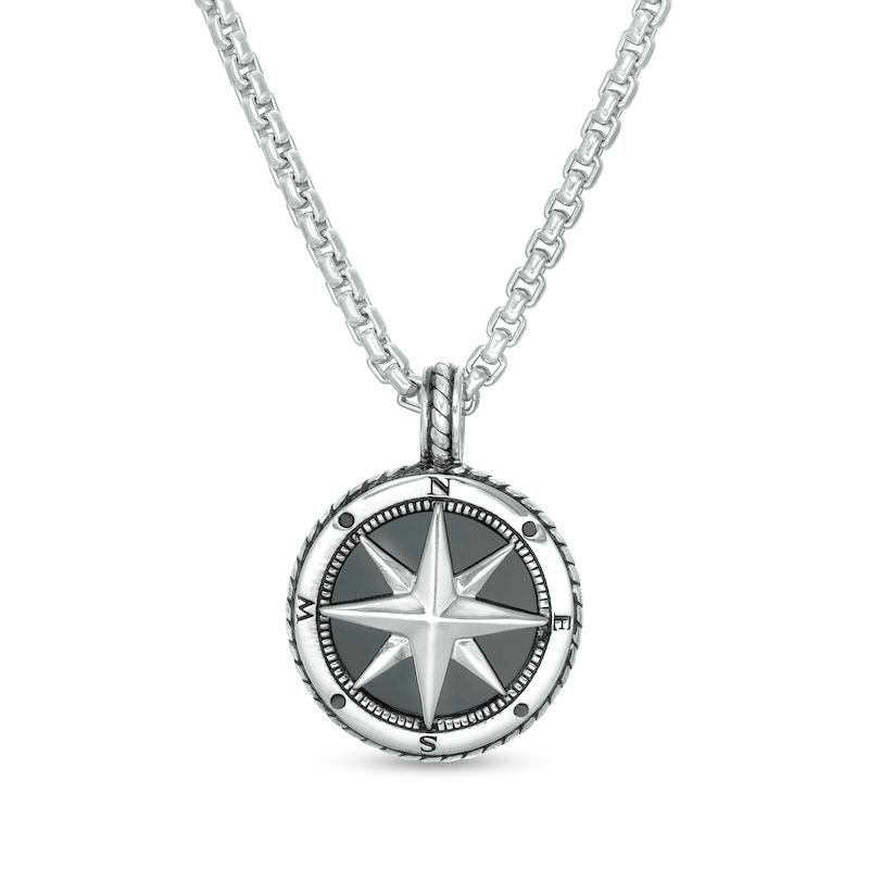 Main Image 1 of EFFY™ Collection Men's 14.5mm Onyx Compass Rope Frame Pendant in Sterling Silver
