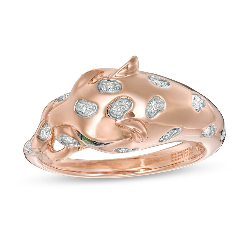 Main Image 1 of EFFY™ Collection Tsavorite and 1/20 CT. T.W. Diamond Panther Ring in 14K Rose Gold