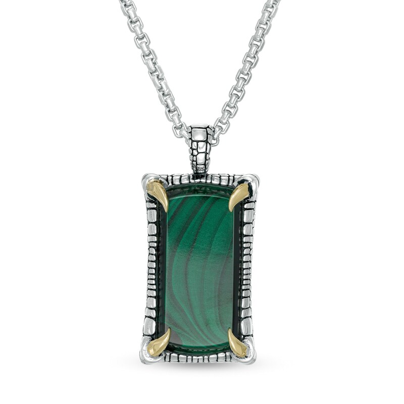 Main Image 1 of EFFY™ Collection Men's Rectangle Malachite Reptile Frame Pendant in Sterling Silver and 14K Gold