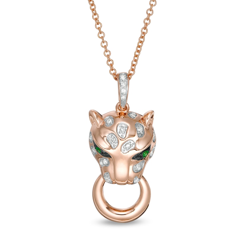 Main Image 1 of EFFY™ Collection Tsavorite and 1/15 CT. T.W. Diamond Panther Pendant in 14K Rose Gold