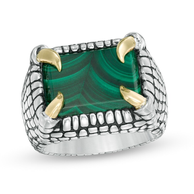 EFFY™ Collection Men's Rectangle Malachite Reptile Scale Ring in Sterling Silver and 14K Gold