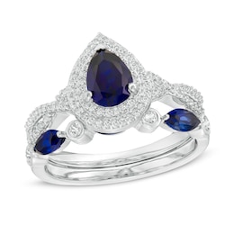 Pear-Shaped Lab-Created Blue and White Sapphire Double Frame Twist Shank Art Deco Bridal Set in Sterling Silver