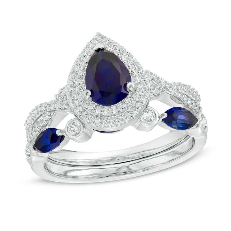 Main Image 1 of Pear-Shaped Lab-Created Blue and White Sapphire Double Frame Twist Shank Art Deco Bridal Set in Sterling Silver