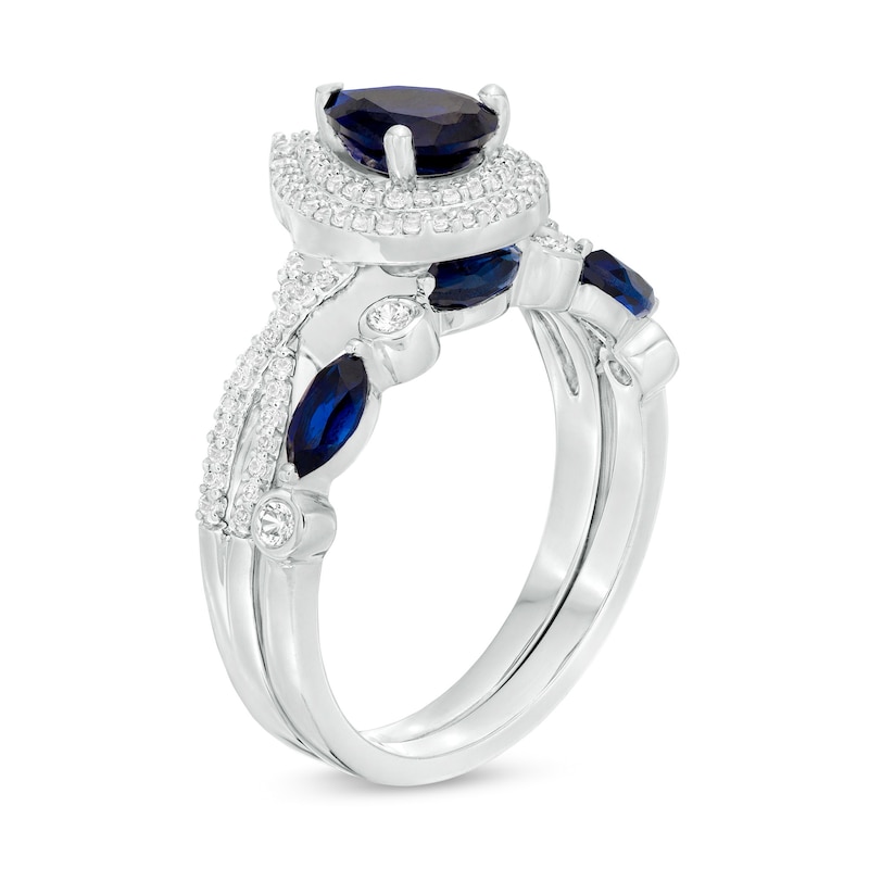 Main Image 3 of Pear-Shaped Lab-Created Blue and White Sapphire Double Frame Twist Shank Art Deco Bridal Set in Sterling Silver