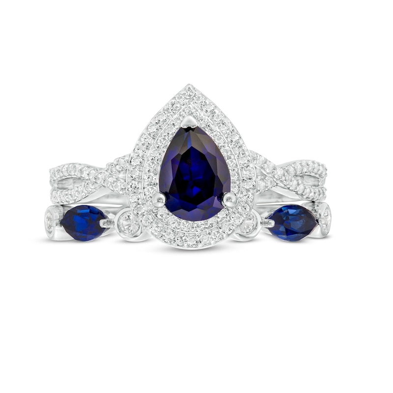 Pear-Shaped Lab-Created Blue and White Sapphire Double Frame Twist Shank Art Deco Bridal Set in Sterling Silver