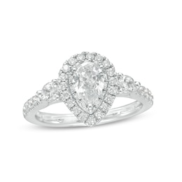1-1/6 CT. T.W. Certified Pear-Shaped Diamond Frame Past Present Future® Engagement Ring in 14K White Gold (I/I2)