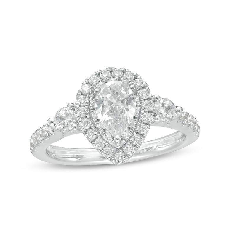 Main Image 1 of 1-1/6 CT. T.W. Certified Pear-Shaped Diamond Frame Past Present Future® Engagement Ring in 14K White Gold (I/I2)